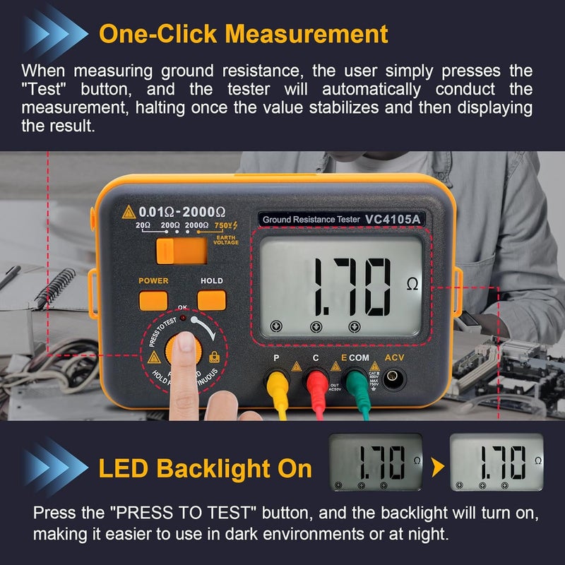 SKYCENX VC4105A Ground Earth Resistance Meter Tester, Grounding Meter Tester for Earthing,Offers Three Resistance Ranges (20Ω/200Ω/2000Ω) and AC Voltages 750V,with Tool Bag - Image 2